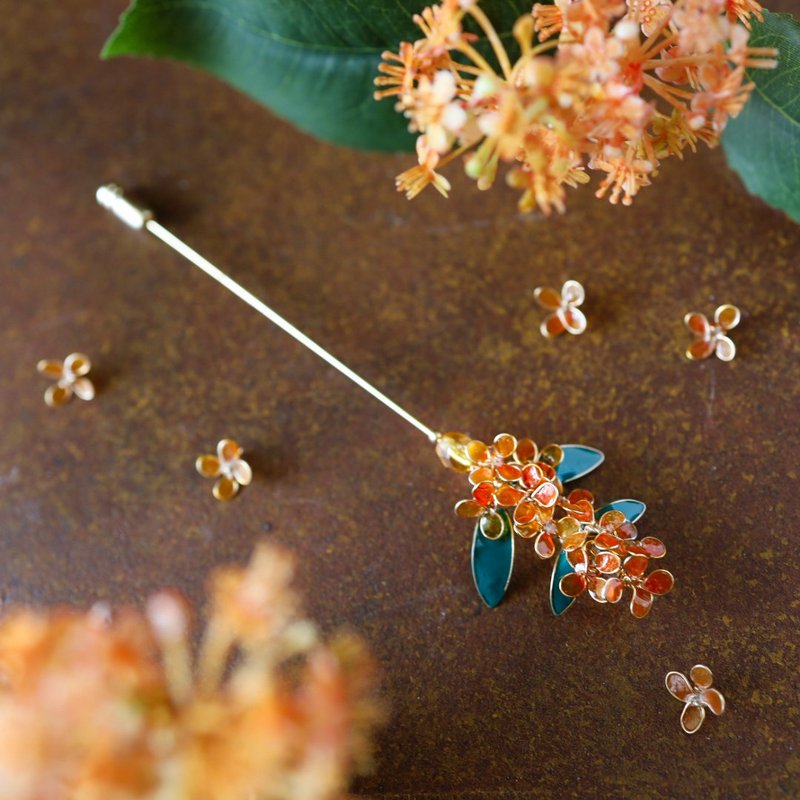 3way Osmanthus and Leaf Brooch Hat Pin Lapel Pin Stole Pin - เข็มกลัด - เรซิน สีส้ม