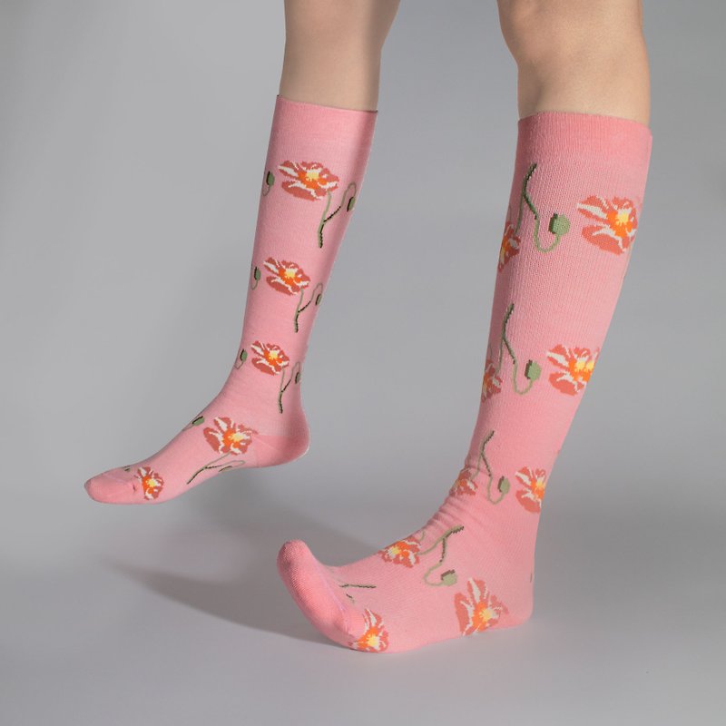 SS23 粉罌粟花 經典設計師款 壓力及膝襪 - 襪子 - 棉．麻 粉紅色