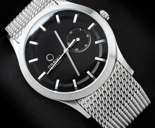 OBAKU minimalist time and date Milan strap watch Silver frame black face 41.5mm V124GCBMC Shop obaku tw Men s Unisex Watches Pinkoi