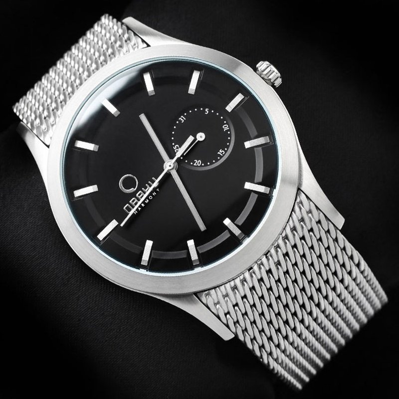 OBAKU minimalist time and date Milan strap watch- Silver frame black face/41.5mm (V124GCBMC) - นาฬิกาผู้ชาย - สแตนเลส สีดำ