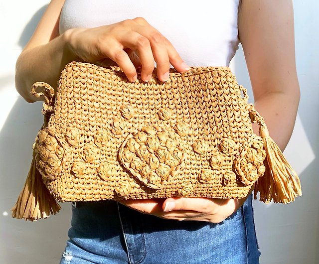 O Pochette Crochet Raffia Crossbody Bag