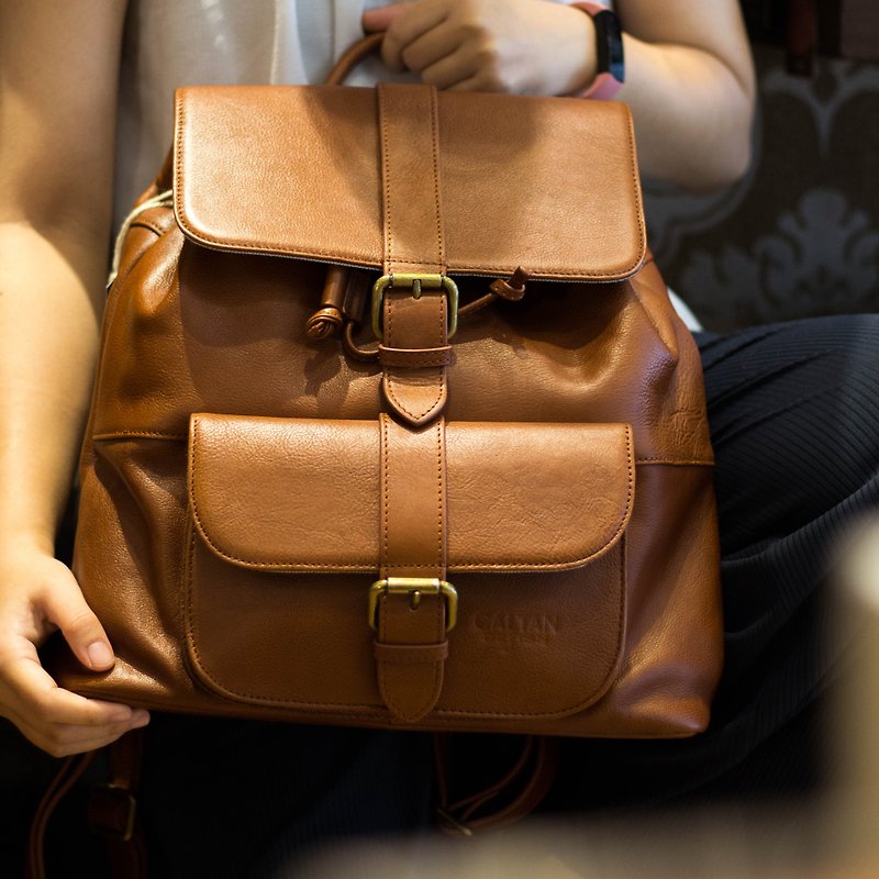 Genuine leather/backpack round barrel beam leather backpack-235408To - Backpacks - Genuine Leather Brown