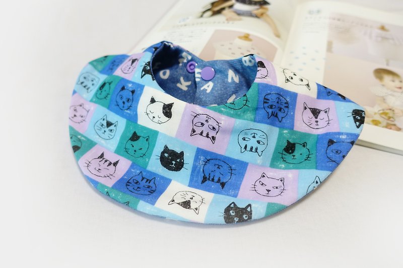 Blue-purple cat and letter handmade bib saliva towel - Bibs - Cotton & Hemp Blue