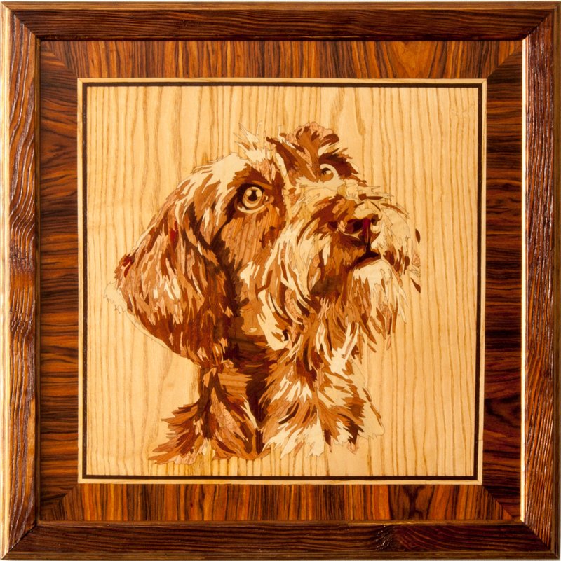 Fox terrier Dog portrait inlay framed mosaic wood panel ready to hang home wall - 壁貼/牆壁裝飾 - 木頭 橘色