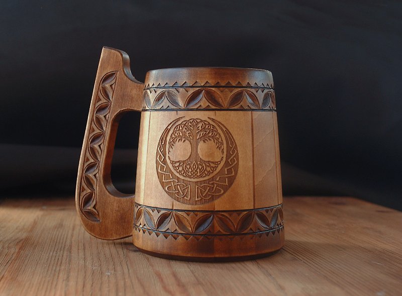 Wooden beer mug Tree of life Man birthday gift anniversary gift viking gift - แก้วมัค/แก้วกาแฟ - ไม้ 