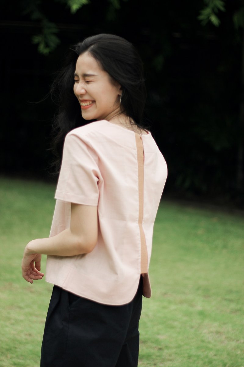 棉．麻 女上衣/長袖上衣 粉紅色 - square neck pink linen-cotton crop top with weaved natural color fabric