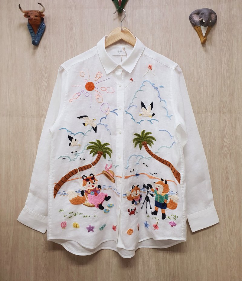 Hand Embroidery Shirt, Beach, Fox, Sea, Shell, Flower, Coconut Tree - Women's Casual & Functional Jackets - Thread White