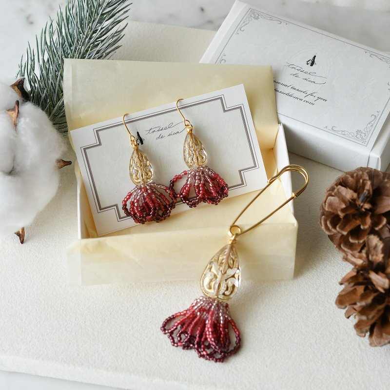 Holiday Set - Gradient Bead Tassel Earrings/Earrings/Brooch / Wine Red - Earrings & Clip-ons - Other Materials Red