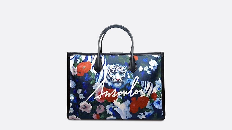 ANDERLOS Dream Garden White Tiger Print Tote Bag. - Handbags & Totes - Genuine Leather Black