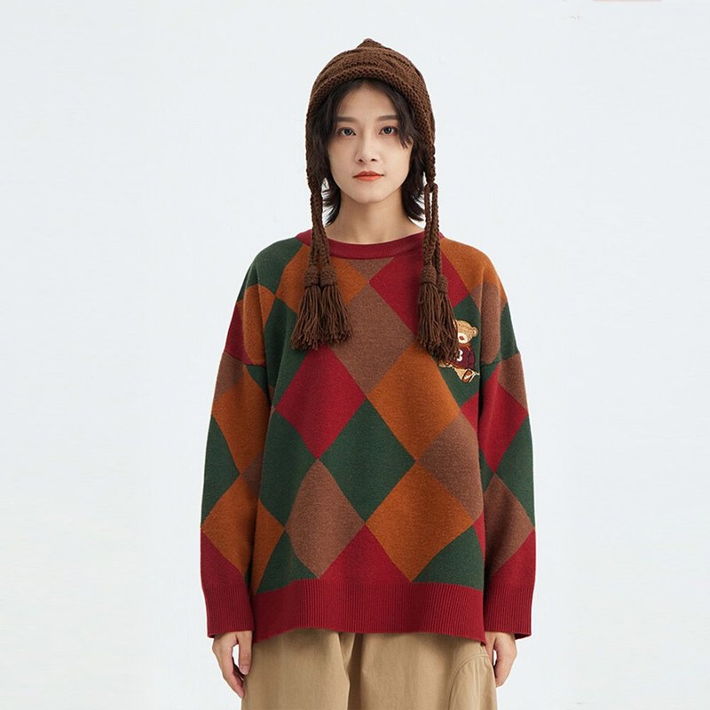 Bear the diamond lattice Christmas knits pullovers couple costume - สเวตเตอร์ผู้ชาย - เส้นใยสังเคราะห์ 