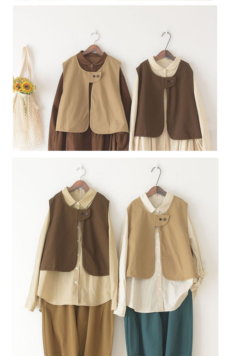 Mori Zhi audition/retro multi-layered versatile short vest/work vest (pre-order) - เสื้อกั๊กผู้หญิง - ผ้าฝ้าย/ผ้าลินิน สีนำ้ตาล