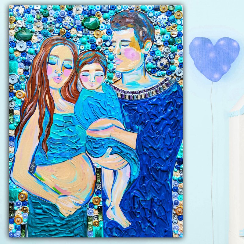 Handmade painting Family portrait Father, Mother and Child. Gemstones mosaic art - Posters - Acrylic Blue