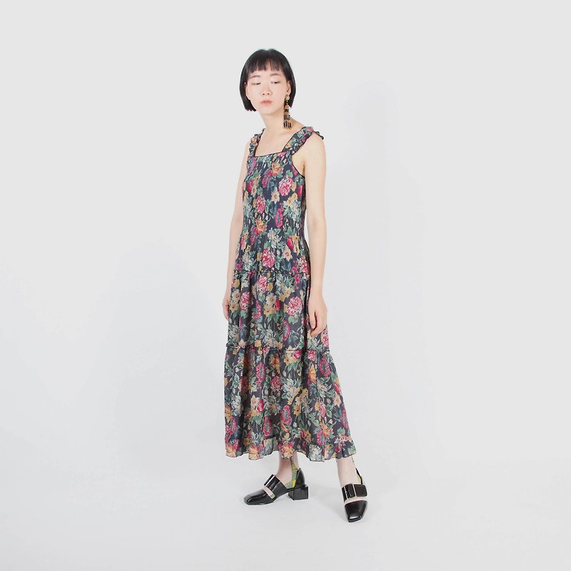 [Egg Plant Vintage] Flower God Carmen Print Thin Shoulder Strap Sleeveless Vintage Dress - One Piece Dresses - Polyester Multicolor