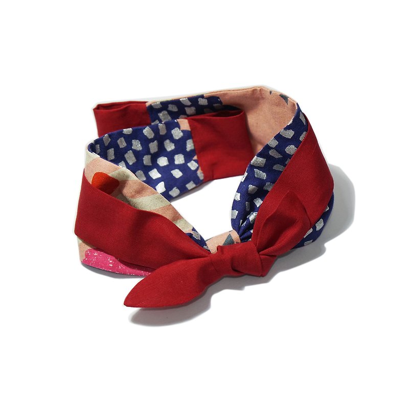 Lu Lita Japanese hair belt designer imported cotton and linen stitching irregular red multi-functional literary bandage headband - ที่คาดผม - ผ้าฝ้าย/ผ้าลินิน 