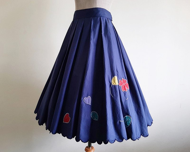 28 Waist Vintage Navy Blue Embroidered Skirt Womens Cotton Midi Skirt Medium M - 裙子/長裙 - 棉．麻 藍色