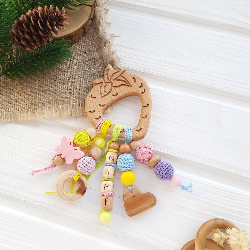 Wooden rattle toy personalised strawberry with name, personalized baby girl gift - Baby Accessories - Wood Pink