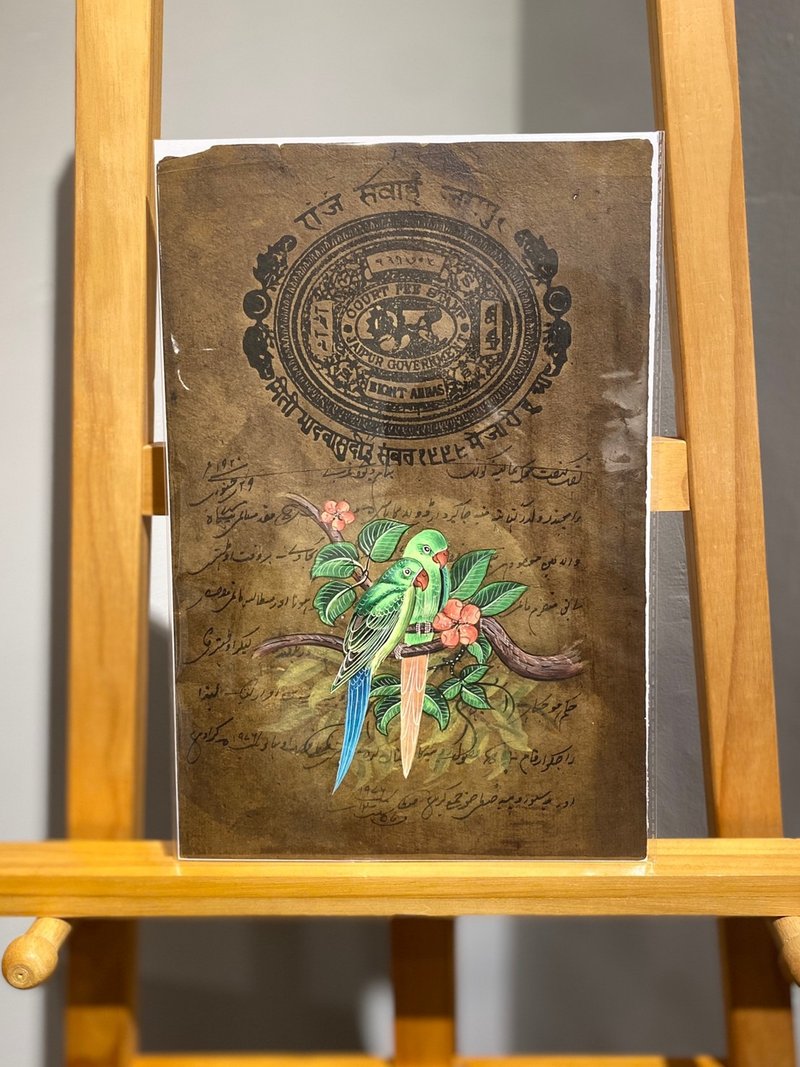 Vintage 印度印花稅票紙細密畫- 一對鸚鵡 - 古董antique - 海報/掛畫/掛布 - 紙 咖啡色
