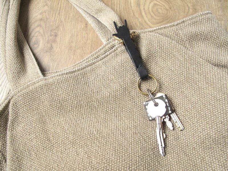 搖滾之手 x 掛包/ 腰間 皮革黃銅鑰匙扣 (免費刻字) - 鑰匙圈/鑰匙包 - 真皮 黑色