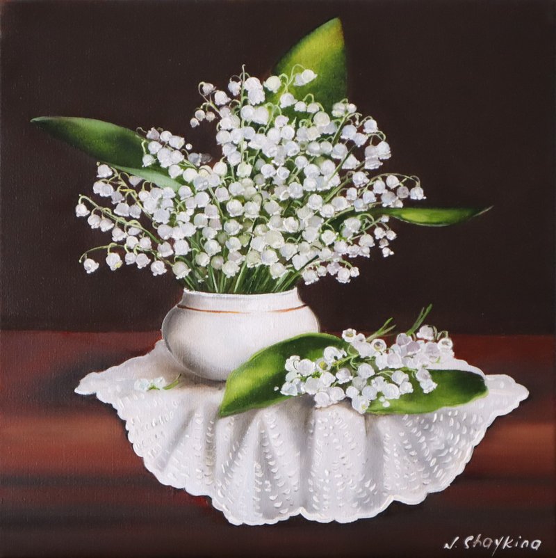 Lily of the Valley Art Original, Floral Still Life Painting Oil Canvas - ตกแต่งผนัง - วัสดุอื่นๆ หลากหลายสี