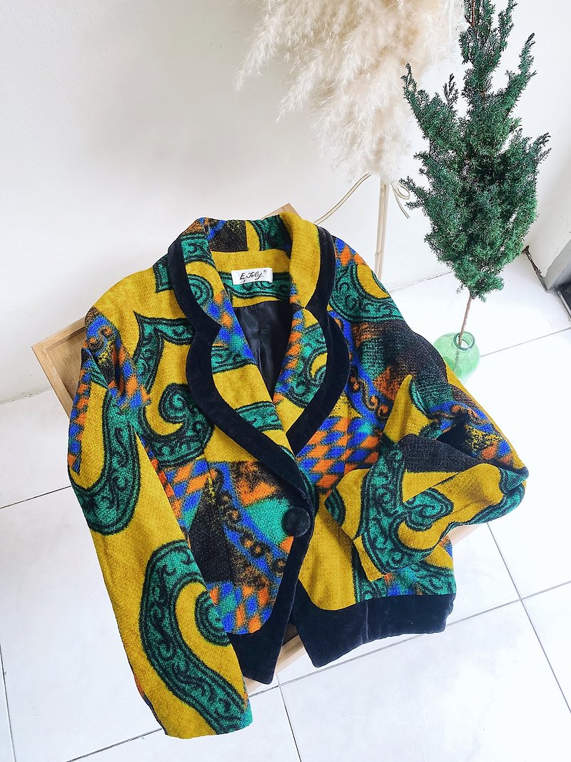 Bright yellow-green-blue-orange textured velvet black short-haired totem piping flannel coat blazer vintage vintage - Women's Blazers & Trench Coats - Cotton & Hemp Yellow