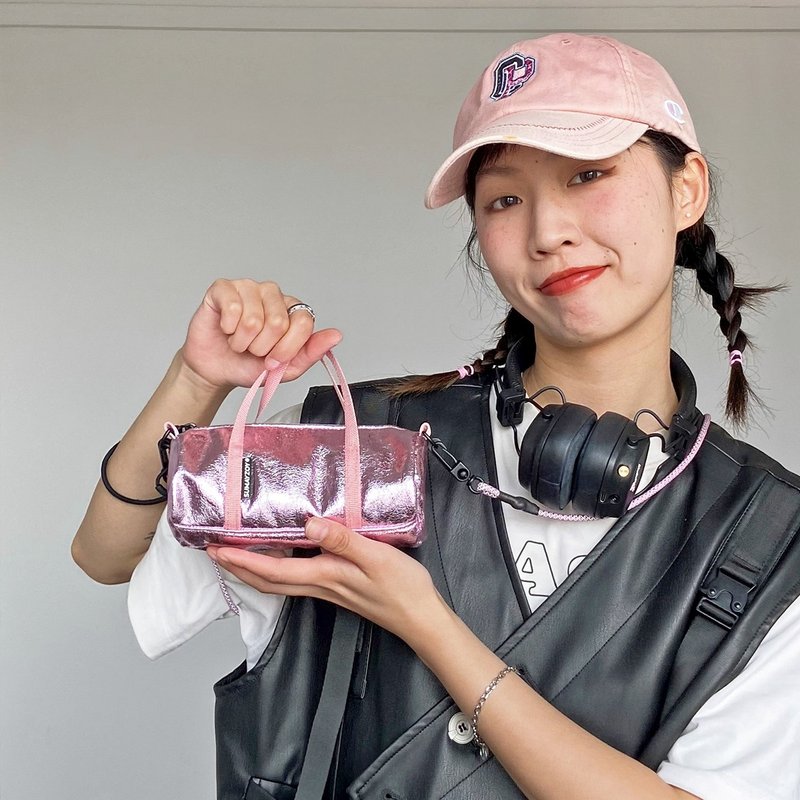 Futuristic Metal Series Mini Handbag Lightweight Halter Side Backpack Silver Crossbody Mobile Phone Bag Girly Pink - Messenger Bags & Sling Bags - Polyester Pink