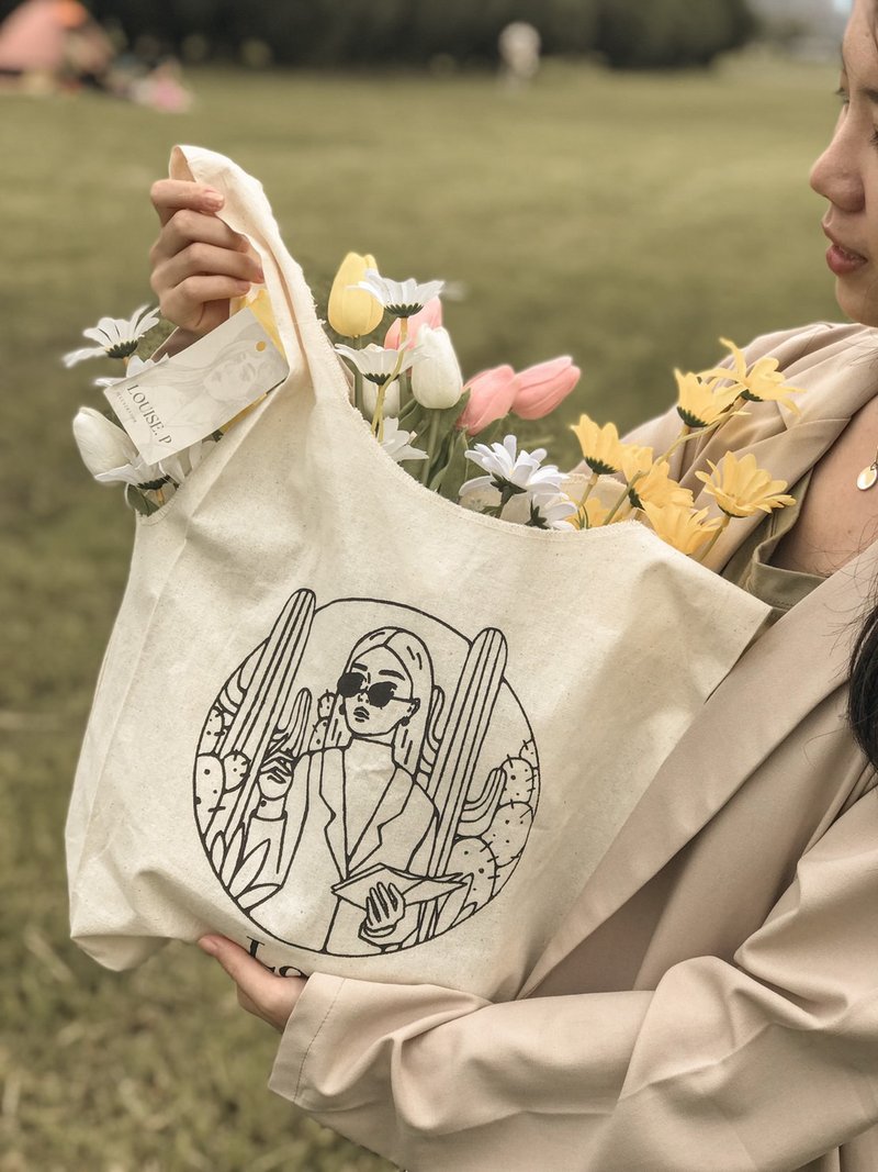 Luluise【時尚地去買菜】Lost款絹印背心袋 帆布袋 環保 - 手提包/手提袋 - 棉．麻 卡其色