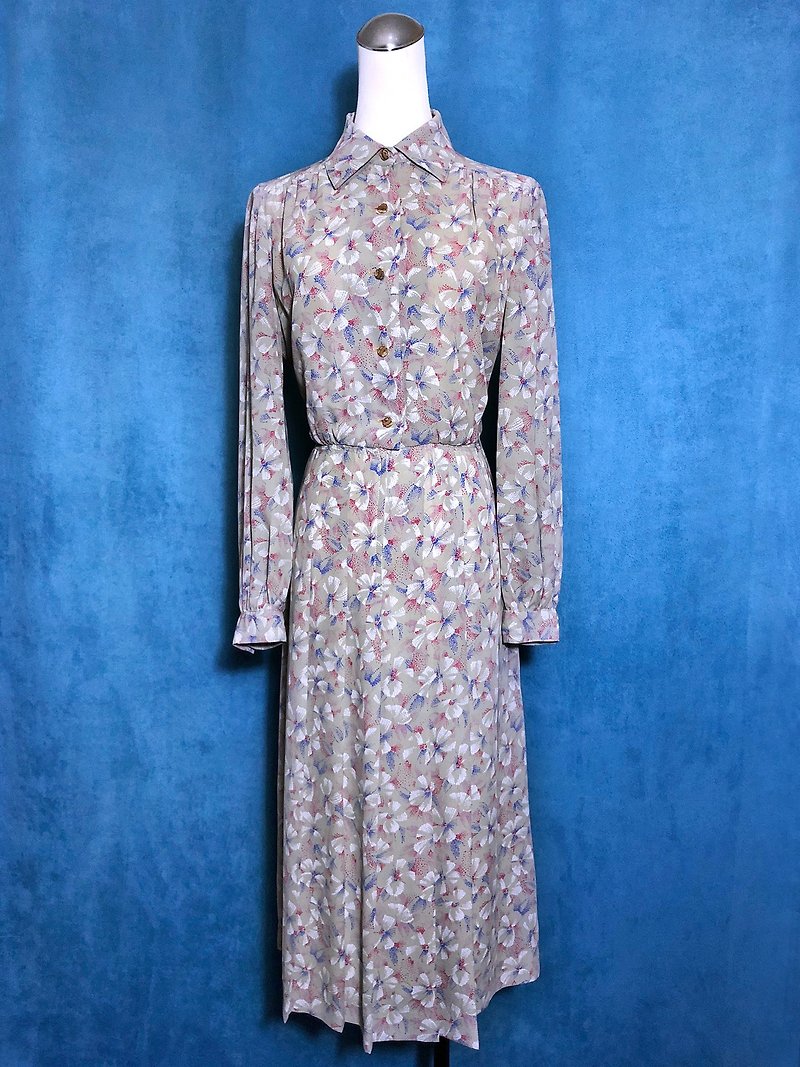 Elegant flower long-sleeved vintage dress / brought back to VINTAGE abroad - One Piece Dresses - Polyester Multicolor