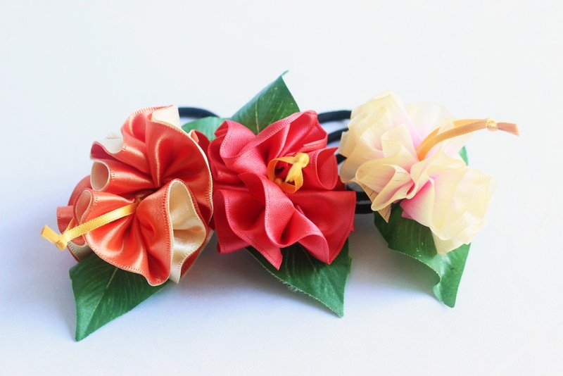 3ways hibiscus accessory,ponytail Holder(O3),hair bow,hair accessory,ukulele,uke - เครื่องประดับผม - ผ้าฝ้าย/ผ้าลินิน สีส้ม