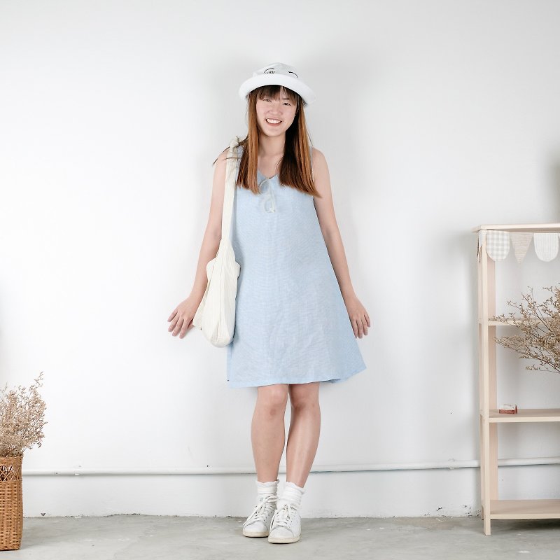 Mini A-dress Linen Fabric (Blue Mini Checkered) - One Piece Dresses - Cotton & Hemp Blue