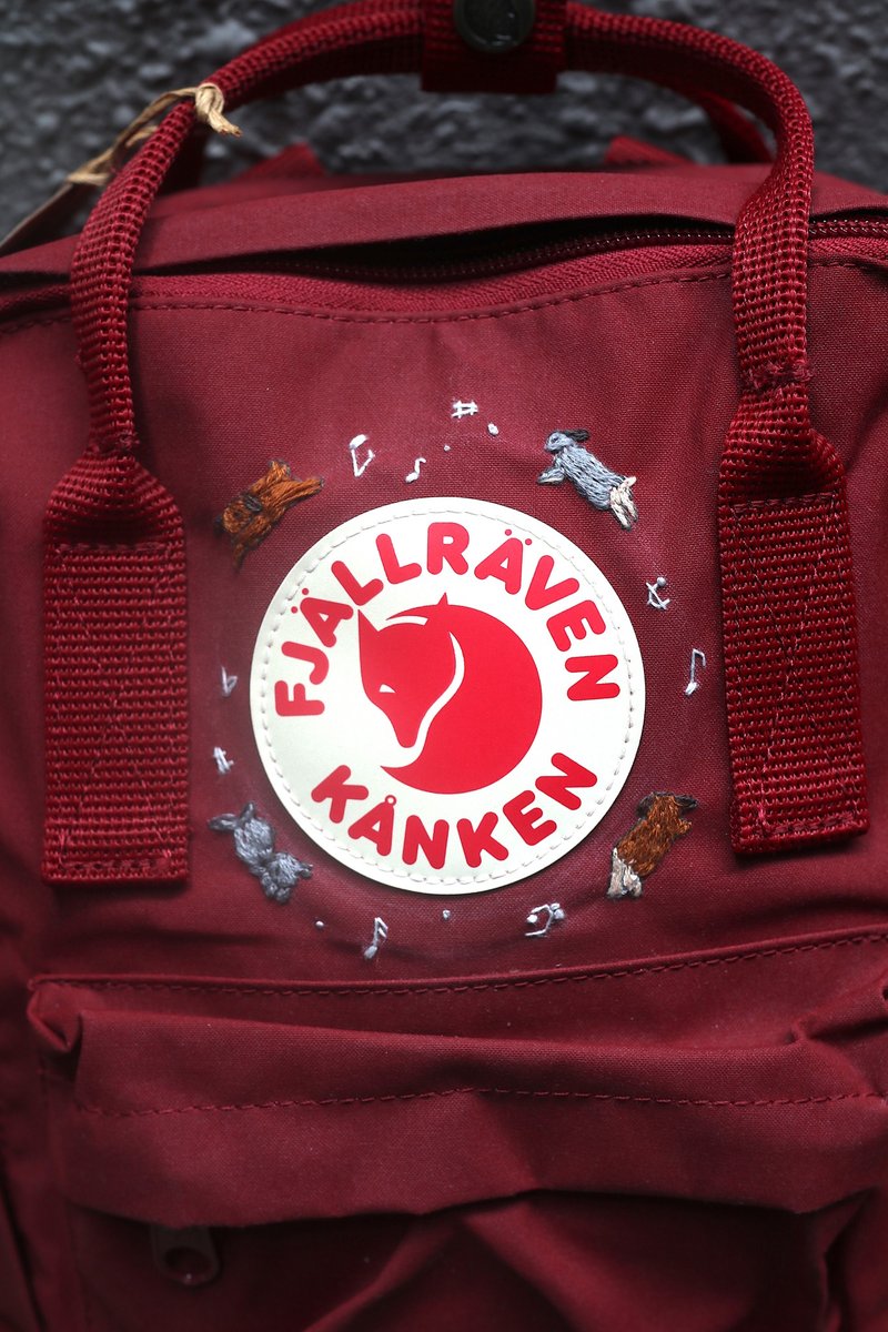 Rabbit and Notes Embroidery Theme-----Kanken mini / Bull Red---- Handmade - กระเป๋าเป้สะพายหลัง - วัสดุกันนำ้ สีแดง