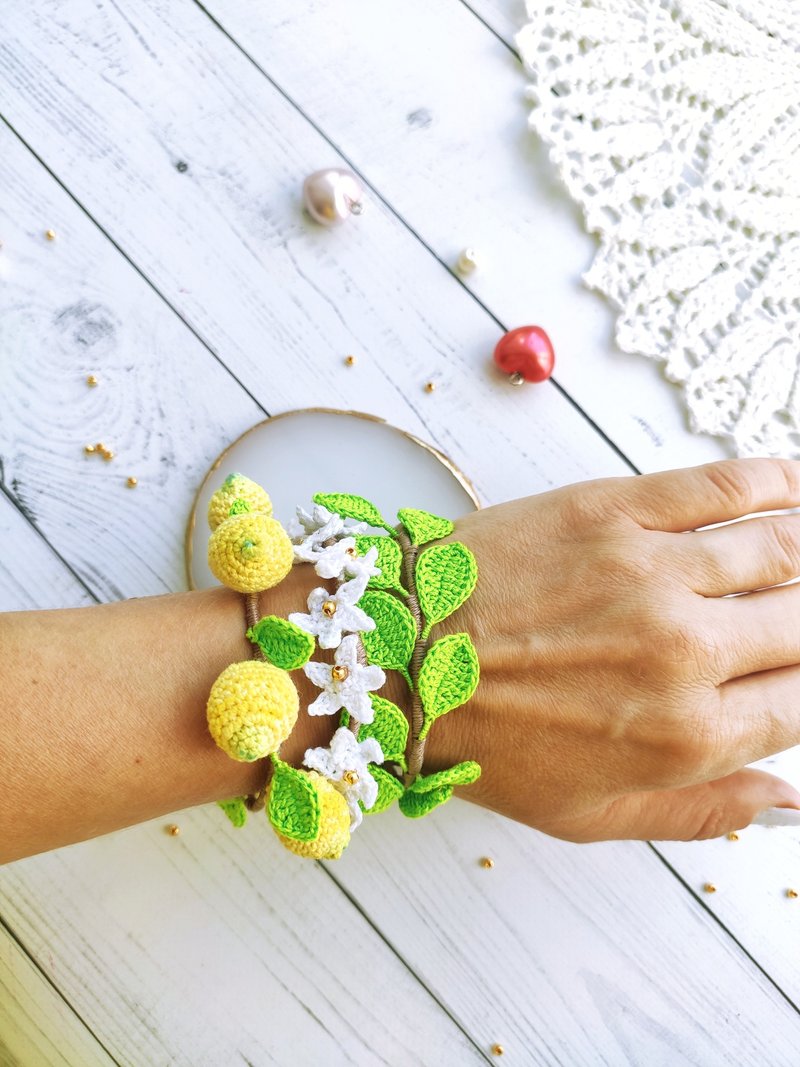 Lemon bracelet, 檸檬手鍊, Citrus bracelet, Fruit jewelry - Bracelets - Cotton & Hemp Yellow