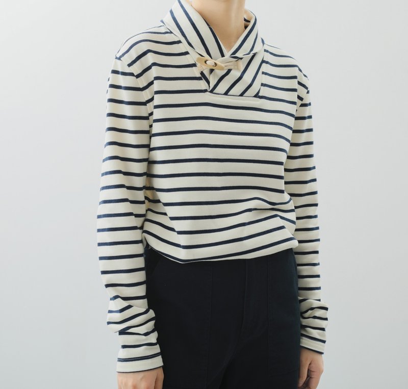 【青果領】法式復古/海軍風條紋/針織衛衣 - 女上衣/長袖上衣 - 其他材質 白色