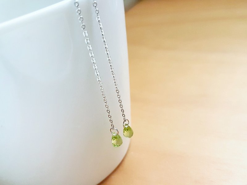 Olivine Peridot white steel ear needle ear thread is not afraid of water and hypoallergenic <only one piece> - Earrings & Clip-ons - Stainless Steel Green