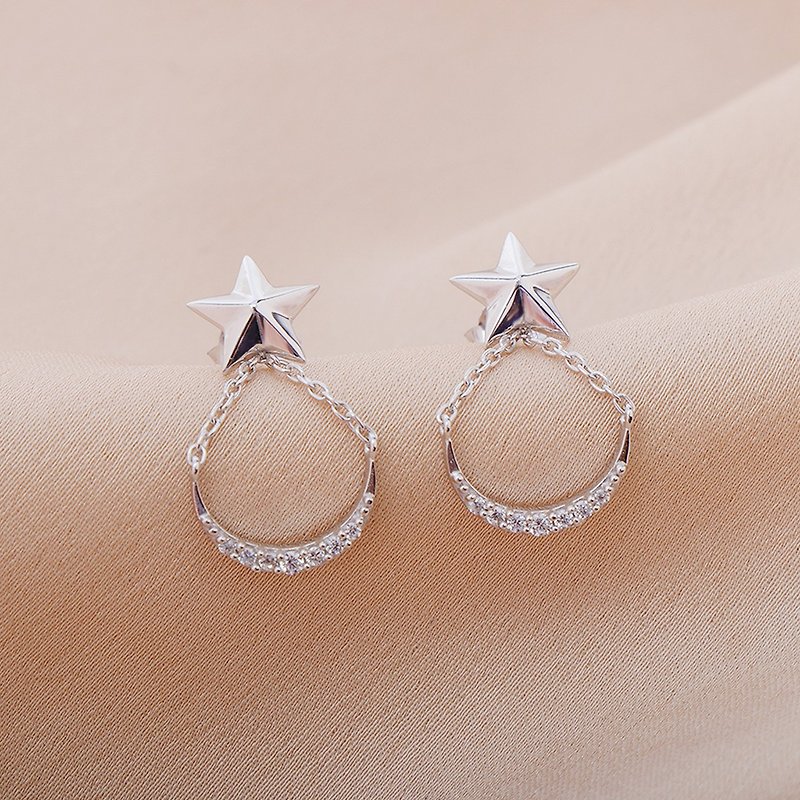 925 Sterling Silver Star Faceted Stud Drop Earrings with Chain and Crystal - 耳環/耳夾 - 水晶 透明