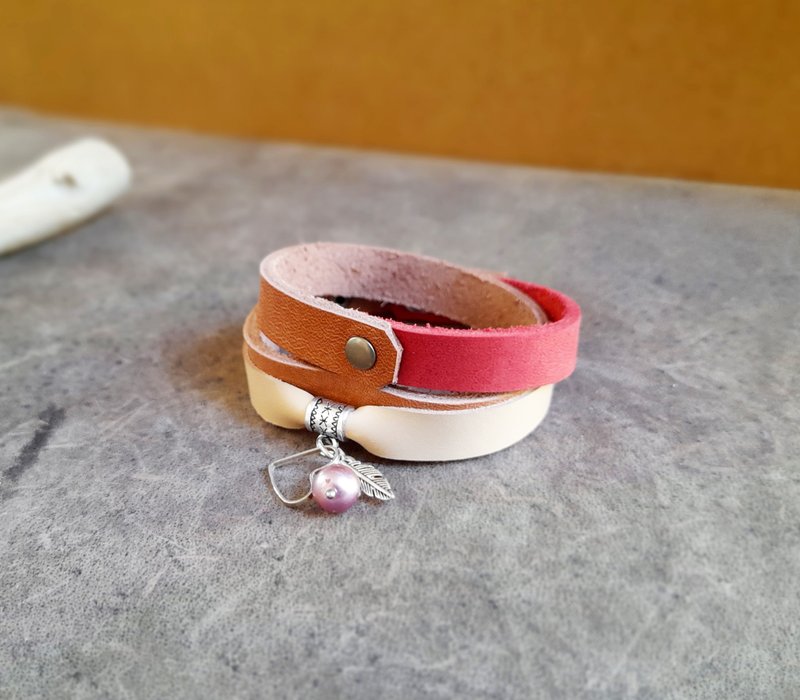 Leather Wrap Bracelet with Dangling Heart Charm and Natural Purple Pearl - Bracelets - Genuine Leather Red