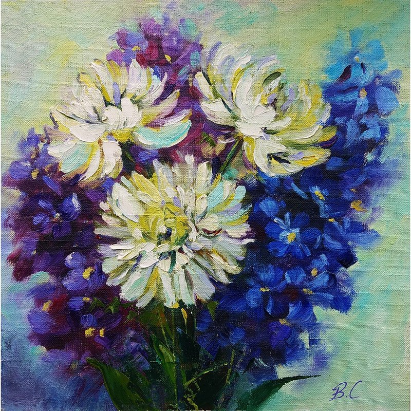 Original Oil Painting Bouquet Chrysanthemum Flowers Impressionism 30x30 cm - 壁貼/牆壁裝飾 - 其他材質 多色
