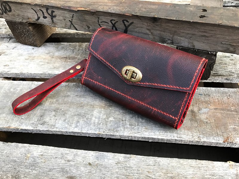 POPO│Crazy Horse Leather│Cold Red. Storage Bag│Real Leather - Wallets - Genuine Leather Red