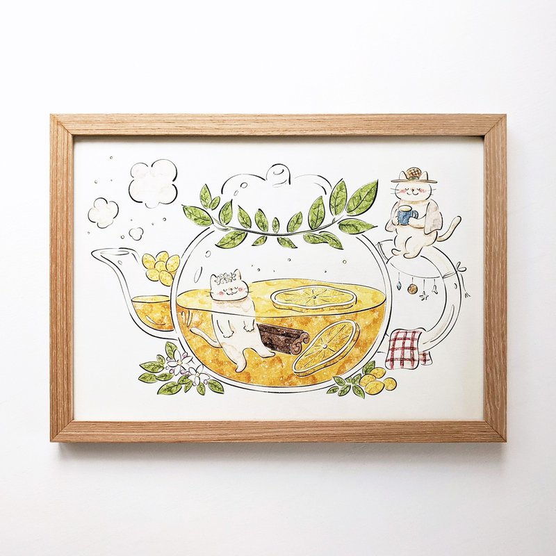 A4 Cats and lemon tea Art print - Posters - Paper Yellow