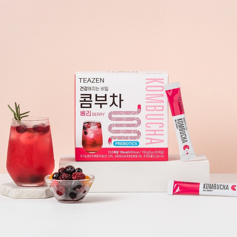 Teazen - Probiotic Kombucha - Mixed Berry Flavor 30 Packets | Easy Detoxification | Sugar Free Low Calorie