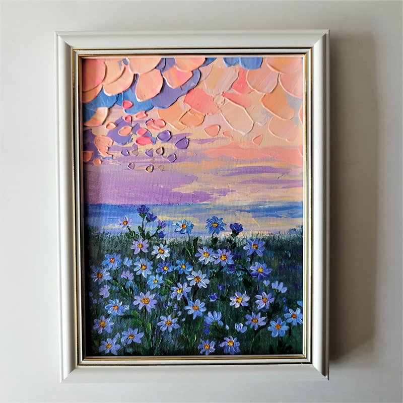 Acrylic Painting of Sunset Landscape with Daisies and Flower Artwork - ตกแต่งผนัง - อะคริลิค หลากหลายสี