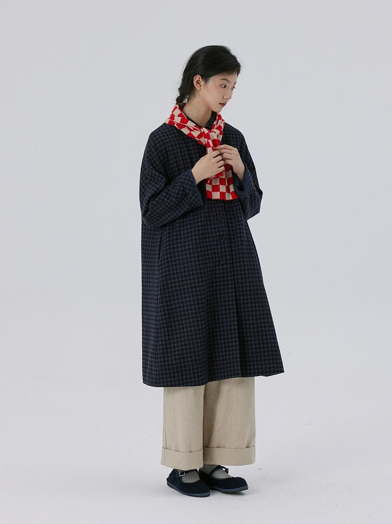 Umbrella-shaped large-flared small plaid trench wool coat - เสื้อสูท/เสื้อคลุมยาว - ขนแกะ สีส้ม