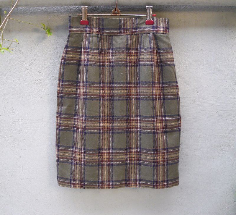 FOAK vintage Midori dark green plaid pure wool skirt - Skirts - Wool Green