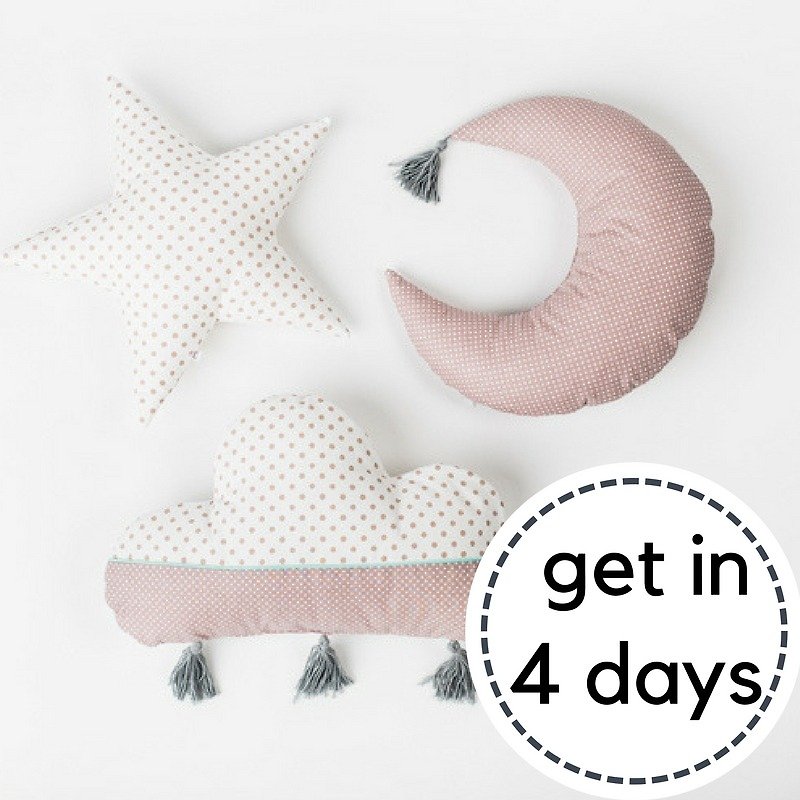 Set of 3! Pillow set cloud - star - moon, white, pastel pink polka dot - Kids' Toys - Cotton & Hemp Pink