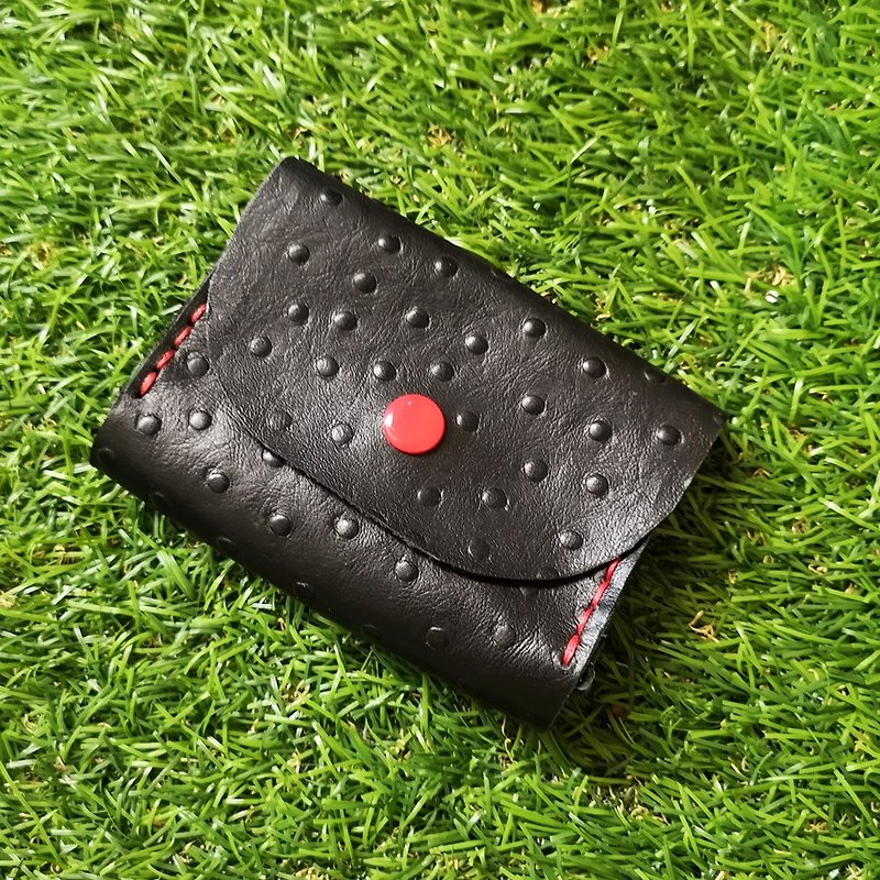 Double-layer card leather coin purse - black ostrich grain cowhide - กระเป๋าใส่เหรียญ - หนังแท้ 