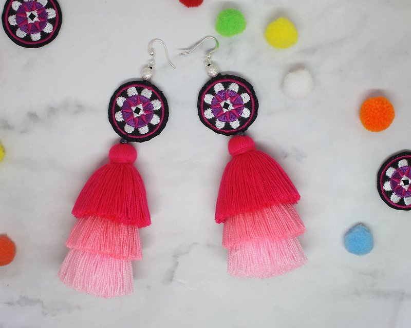 Pink Dangle Drop Statement Earrings Sweet Boho Jewelry for Her Best Friend - Earrings & Clip-ons - Cotton & Hemp Pink