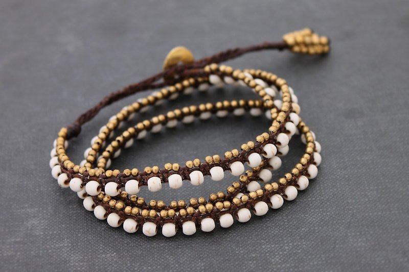 Wrap Stone Beaded Woven Bracelets, White Turquoise Raw Brass Beads Braided Stone Bracelets, Hippy Bohemian Jewelry - สร้อยข้อมือ - หิน สีทอง
