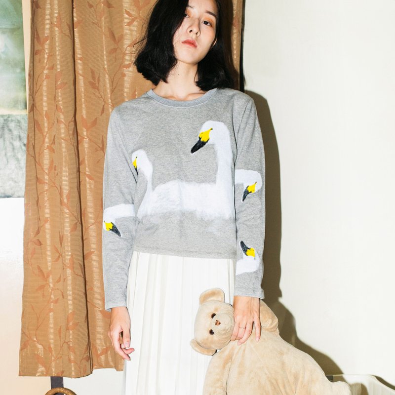 swans -  long and short sleeve top - 女 T 恤 - 棉．麻 灰色