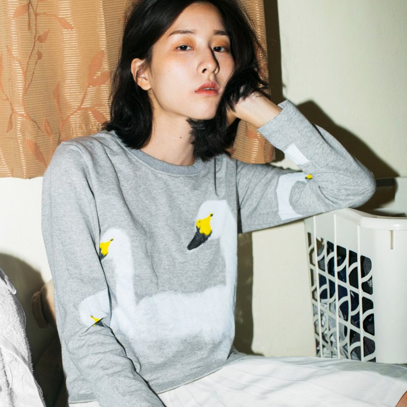 swans -  long and short sleeve top - 女 T 恤 - 棉．麻 灰色