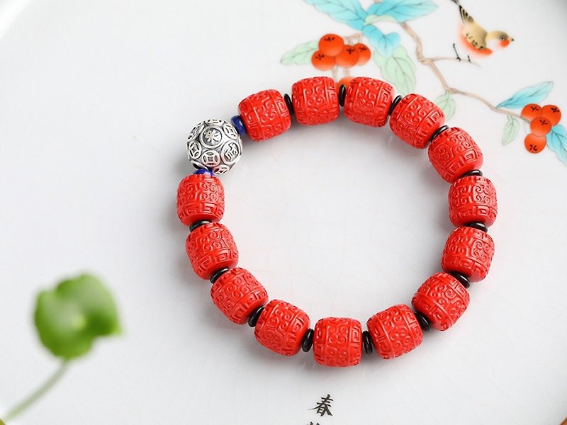 Natural raw ore cinnabar boutique red sand pattern beads bracelet boutique original cinnabar content as high as 95 or more - สร้อยข้อมือ - เครื่องเพชรพลอย 