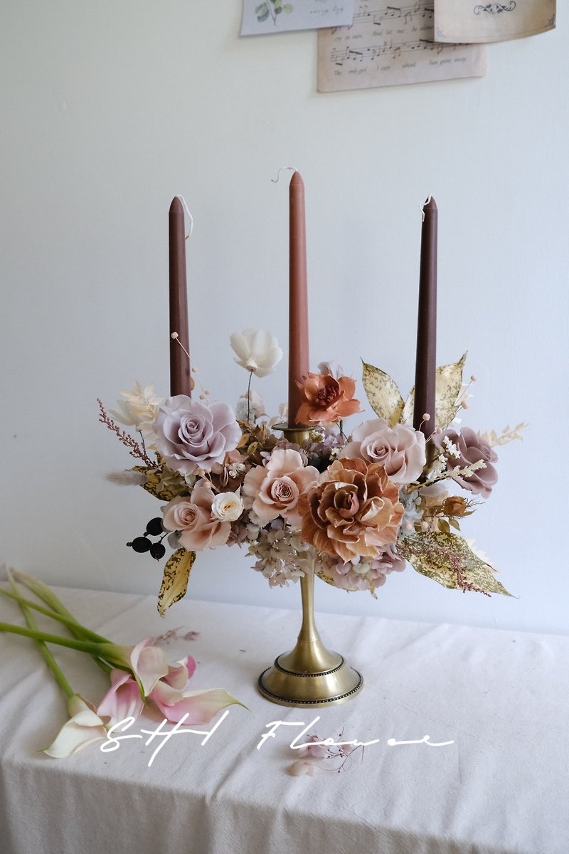 SHI Eternal Life French Candle Holder | Elegant Table Flowers | Table Flower Arrangement - Dried Flowers & Bouquets - Plants & Flowers Pink
